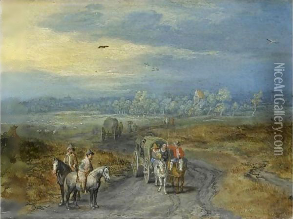 Travellers On A Country Road With A Village Beyond Oil Painting - Jan The Elder Brueghel