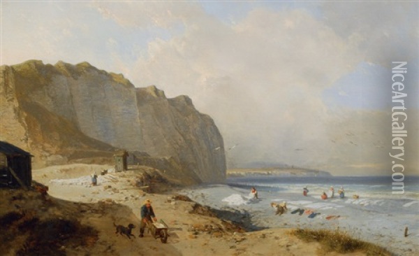 Coast With Washwomen Oil Painting - Julius Hintz