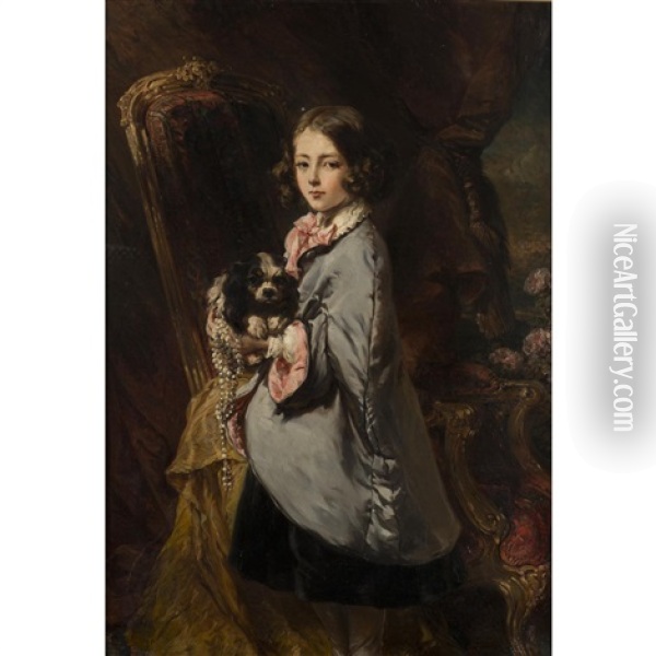 Portrait De Fillette Avec Son King Charles Oil Painting - Louis-Gabriel-Eugene Isabey