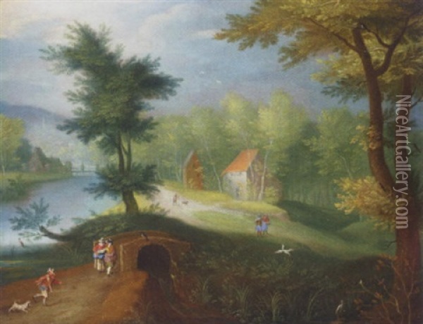 A Wooded River Landscape With Figures Before A Bridge And Houses Beyond Oil Painting - Jan Brueghel the Elder