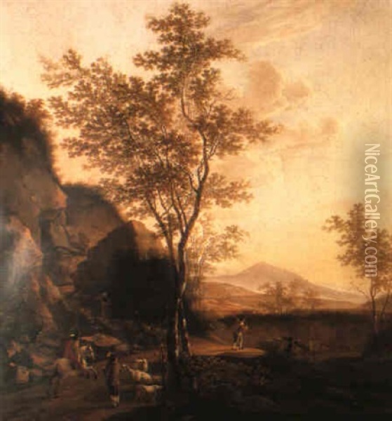 An Italianate Landscape With A Horseman And Drovers Oil Painting - Willem de Heusch