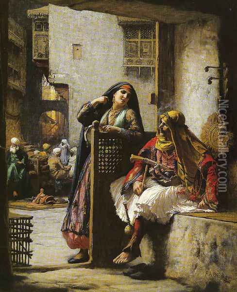 Almeh Flirting With An Armenian Policeman Cairo Oil Painting - Frederick Arthur Bridgman