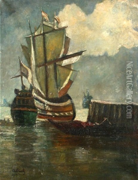 Segelschiffe An Der Mole Oil Painting - Carl Schuch