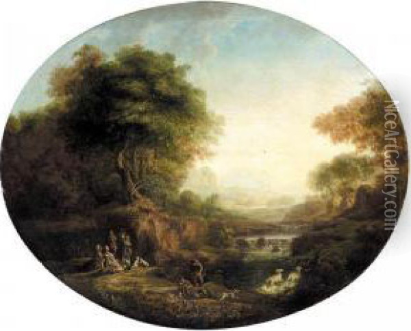 A River Landscape With Huntsmen And Shepherds Oil Painting - Johann Alexander Thiele
