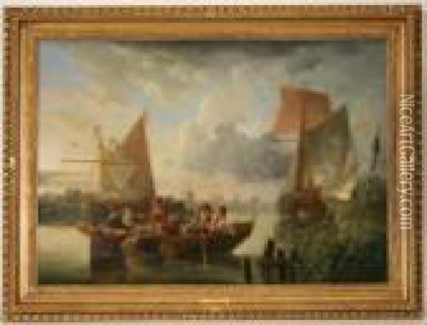 Leendert De, Dordrecht -id.; Le Passage Dela Meuse En Barque Oil Painting - Leendert de Koningh