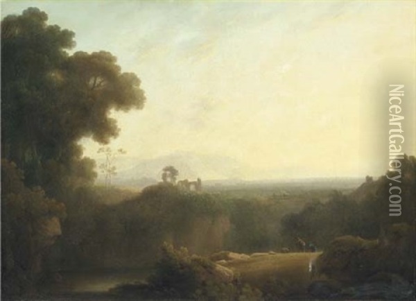 An Extensive Wooded River Landscape, With Figures In The Foreground And A Ruin Beyond Oil Painting - John Rathbone