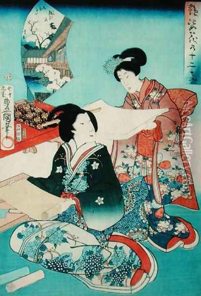 Two Women Reading Scrolls Oil Painting - Toyokuni