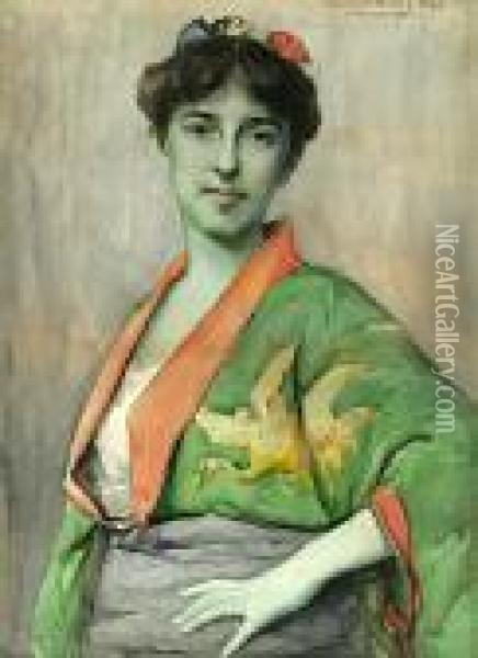 Woman In A Japanese Kimono Oil Painting - Irving Ramsay Wiles