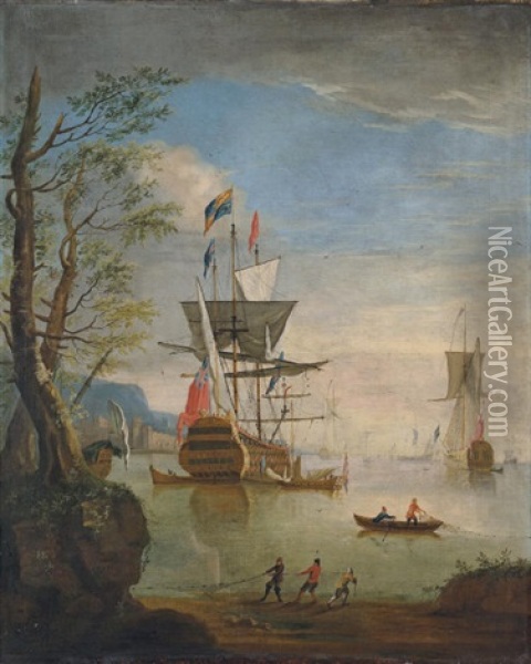 A Coastal Landscape With A British Man-o'war At Anchor In Calm Waters With Other Shipping Oil Painting - Adriaen Van Diest
