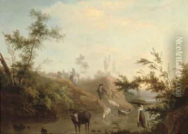 A river landscape with a drover, his cattle and a shepherd and his flock Oil Painting - Jean-Baptiste Pillement