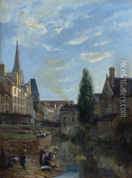 Lavandieres Au Bord D'un Canal A Caen Oil Painting - Stanislas Lepine