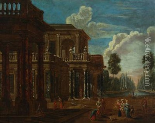 Elegant People In A Palace Garden Oil Painting - Giovanni Paolo Panini