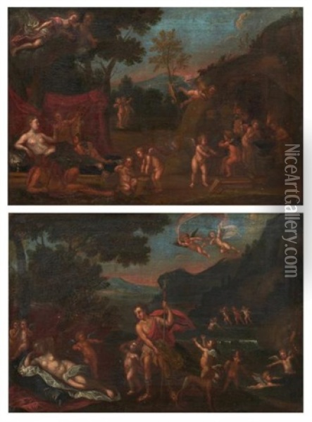 Adonis Conduit Pres De Venus Par Les Amours Et Le Repos De Venus Et De Vulcain (pair) Oil Painting - Francesco Albani