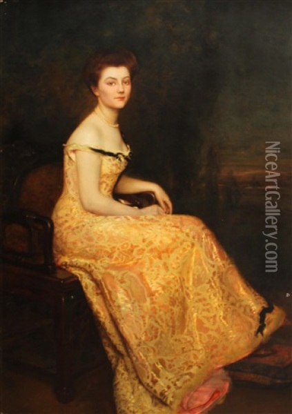 A Portrait Of A Lady, Full-length, Seated, Wearing An Evening Gown Oil Painting - Gustave Claude Etienne Courtois