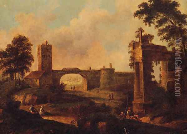 Figures Before Ruins In An Italianate Landscape Oil Painting - Italian School