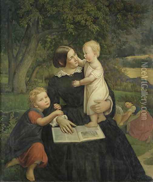 Emilie Marie Wasmann, the artists wife, with Elise and Erich, their oldest children, 1860 Oil Painting - Friedrich Wasmann