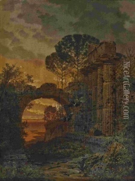 Ruinen Eines Antiken Tempels Im Abendlicht Oil Painting - Ferdinand Knab