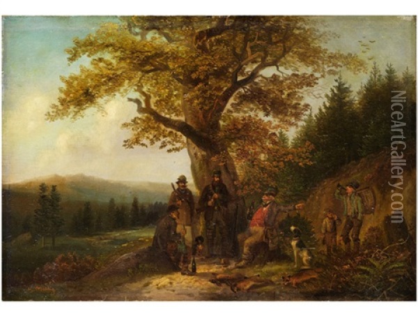 Jagdgesellschaft Bei Der Rast Unter Einem Eichenbaum Oil Painting - Hugo Muehlig