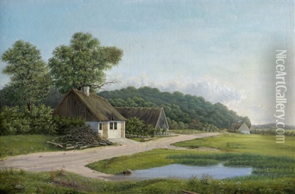 Sommerliche Landschaft Mit Kleinem Bauernhaus An Einem Weiher Oil Painting - Heinrich Buntzen