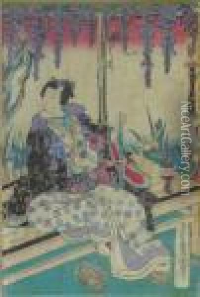 Kunisada, Utagawa. Prinz Genji Ruht In Einer Blauregen-laube, Japan Oil Painting - Kunisada
