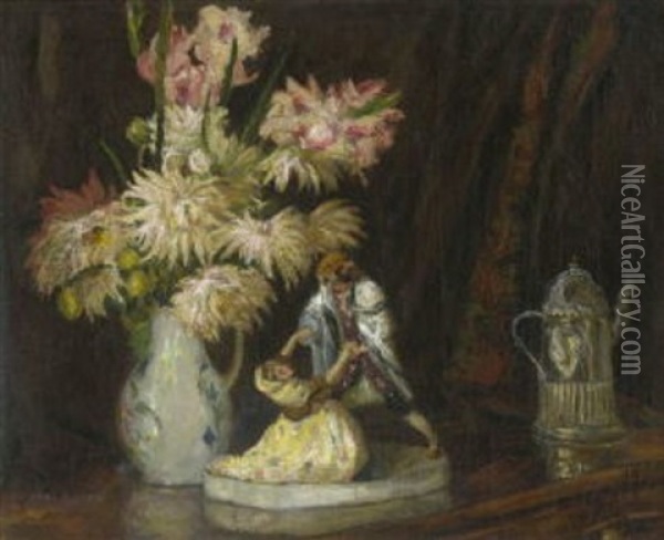 Stillleben Mit Gladiolen, Chrysanthemen, Einer Porzellanfigurgruppe Und Einer Kaffeekanne Oil Painting - Karl Johann Nikolaus Piepho