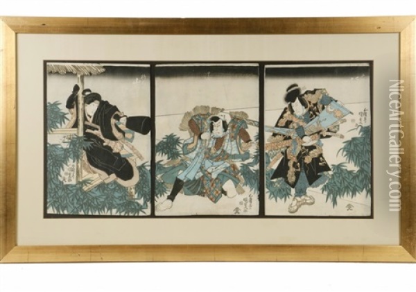 Yakusha-e Triptych Of Scene From The Kabuki Theatre Oil Painting - Utagawa Kuniyoshi