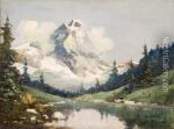 Veduta Del Monte Cervino Con Lago Montano Oil Painting - Leonardo Roda