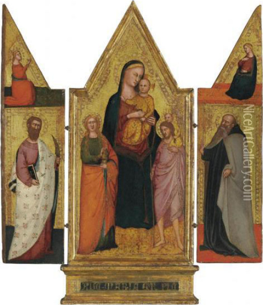 A Triptych: The Madonna And Child With Saints Mary Magdalene And Christopher Oil Painting - Bicci Di Lorenzo
