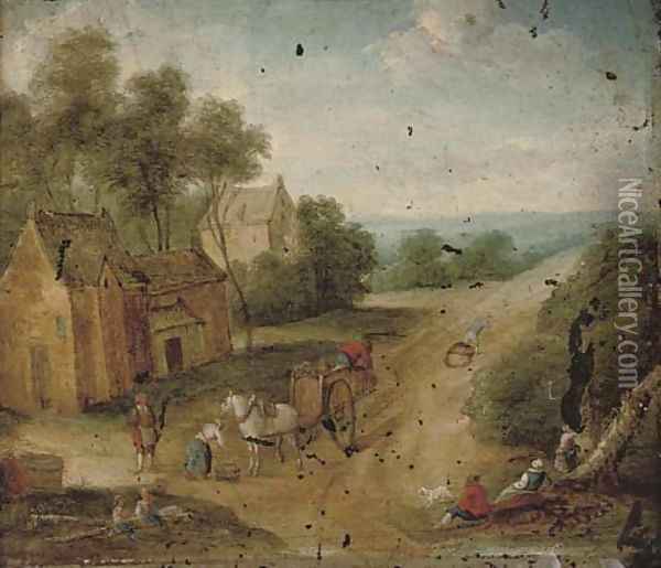 A wooded landscape with figures on horseback by a village Oil Painting - Mattijs Schoevaerdts