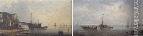 Fishing Boats In A Calm Sea Off A Harbour Oil Painting - William Callcott Knell