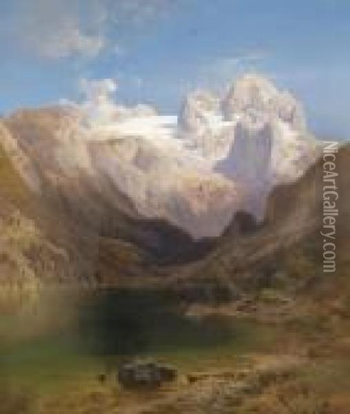 Viewof The Dachstein From Lake Gosau Oil Painting - Anton Hansch