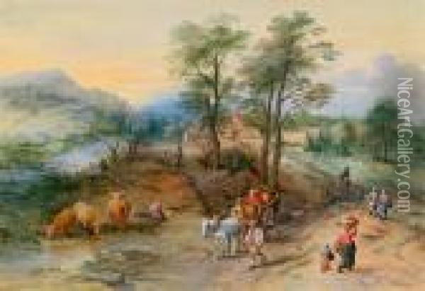 Paesaggio Boschivo Con Viaggiatori E Una Carrozza A Cavalli Oil Painting - Theobald Michau