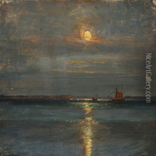 Seascape In With Sailingat Sunset, Hornbaek Oil Painting - Niels Pedersen Mols