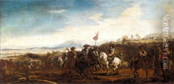 A Cavalry Engagement With A Hilltop Church Beyond Oil Painting - Francesco Simonini