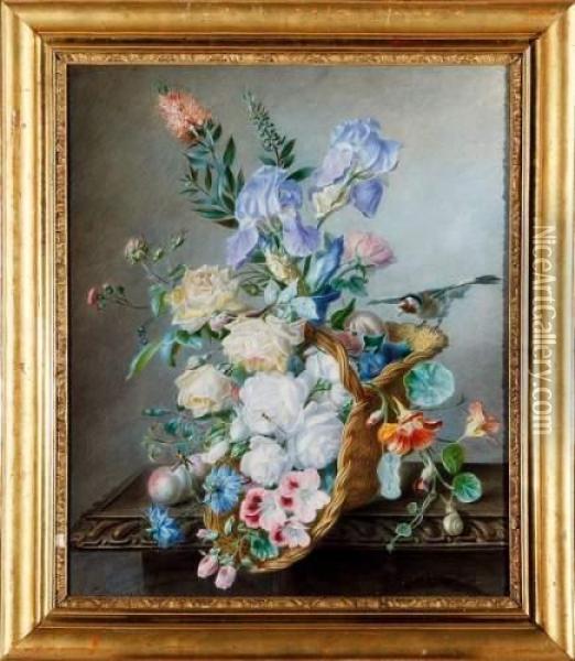 Corbeille De Fleurs Au Chardonneret Oil Painting - Louise Logerot