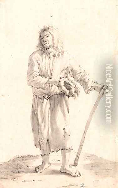 A standing peasant holding a hat and a stick Oil Painting - Cornelis Saftleven