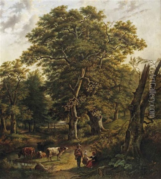 A Forest With Figures Resting Near A Stream Oil Painting - Bonifacius Cornelis Schneiders Van Greyffenswerth