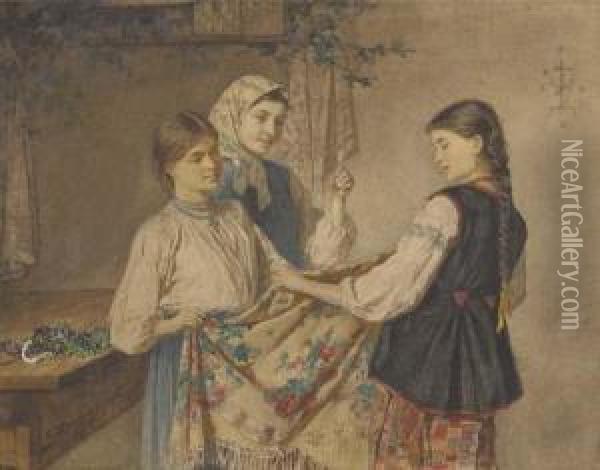 Three Young Ukranian Peasant Girls Oil Painting - Konstantin Aleksandrovich Trutovskii