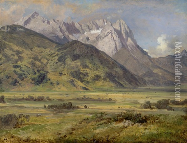 Blick Aus Der Gegend Von Krun Auf Die Alp- Und Die Zugspitze Oil Painting - August Richard Zimmermann