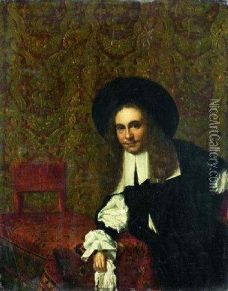 Portrait De Gentilhomme Accoude A Une Table Recouverte D'un Tapis Oil Painting - Eglon Hendrik van der Neer