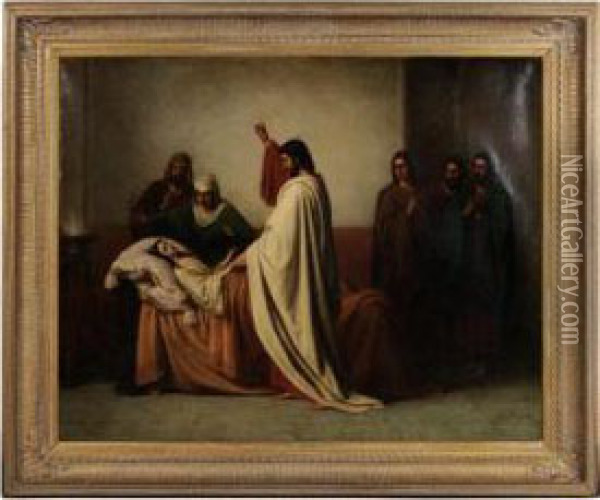 Jesus Healing Jairus' Daughter Oil Painting - Philippe Lodowyck Jacob Sadee