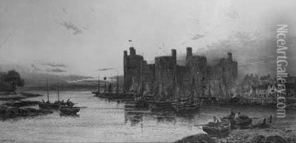 Fishing Vessels Moored Before Caenarfon Castle, Wales Oil Painting - Walker Stuart Lloyd