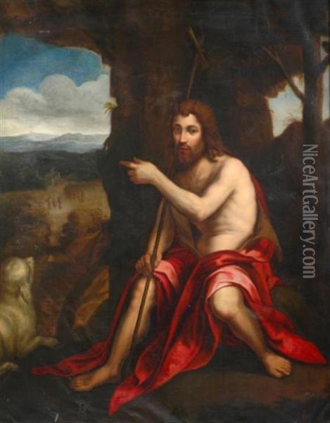 Saint John The Baptist Gesturing Toward A Scene Of The Baptismof Christ Oil Painting - Pietro Testa
