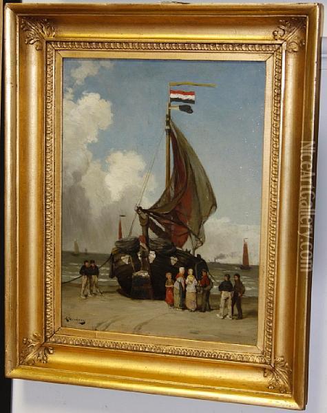 Figures By A Beached Fishing Boat Oil Painting - August Jernberg