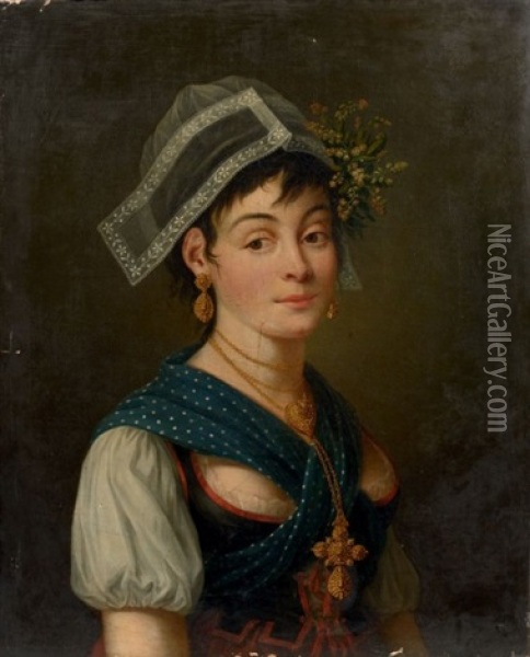 Portrait De Jeune Fille En Costume Normand Oil Painting - Jean-Francois-Marie Bellier