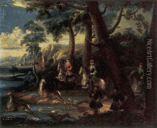 An Elegant Hunting Party Pursuing Deer Across A River Landscape, A Town And Mountains Beyond Oil Painting - Johann Elias Ridinger