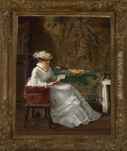 Young Lady Seated In An Interior Reading A Book Oil Painting - Haynes King