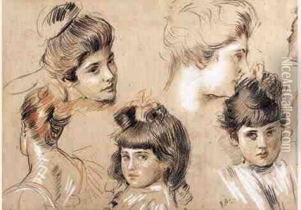 Deux Portraits De Fillette Et Quatre De Jeune Femme Au Chignon. Oil Painting - Paul Cesar Helleu