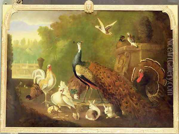 A peacock, turkey and other birds in an ornamental garden Oil Painting - Marmaduke Craddock