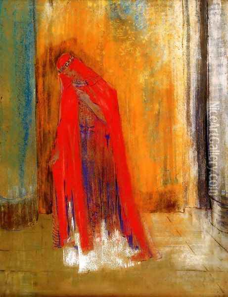 Woman In Red Oil Painting - Odilon Redon